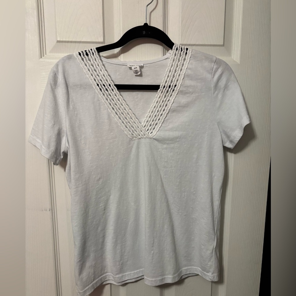 Tribal Jeans Brand V-Neck Crochet Trim Tee - Women - Size M